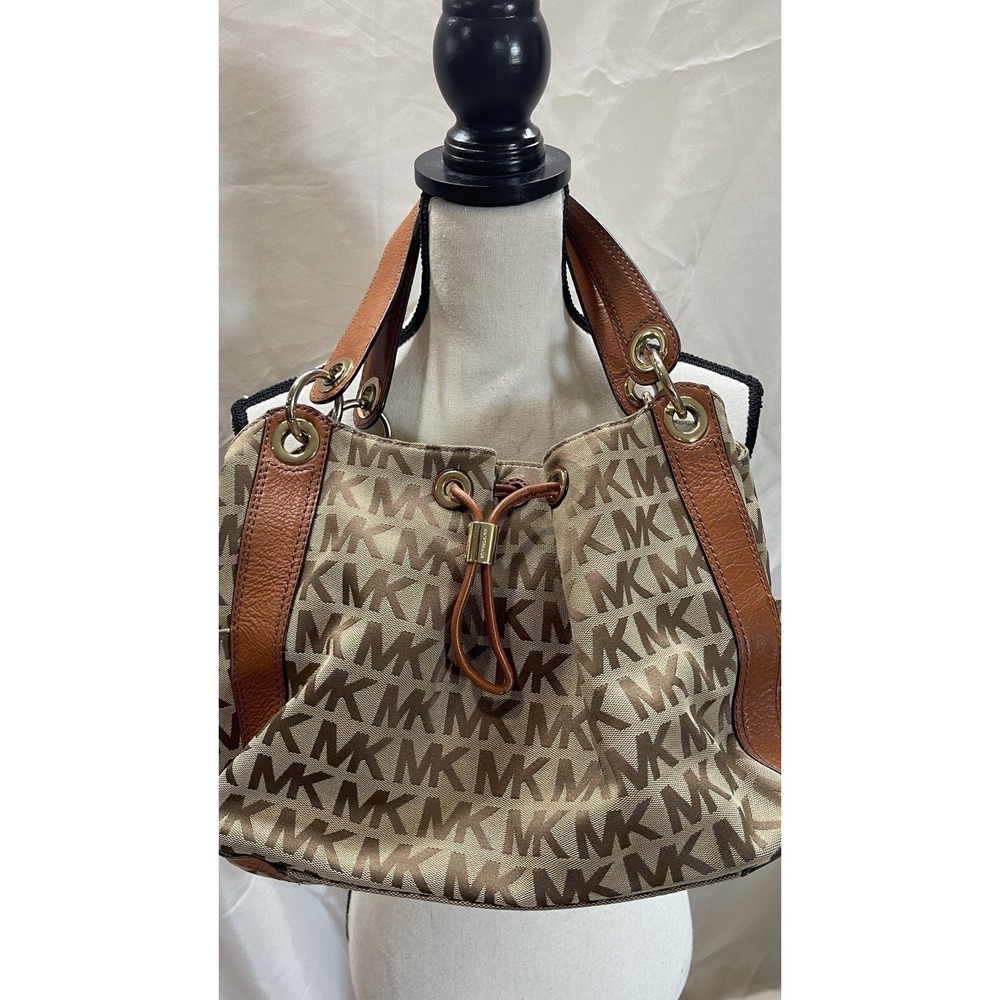 Michael Kors MK Logo Drawstring Bucket Bag Brown Tan Leather Shoulder